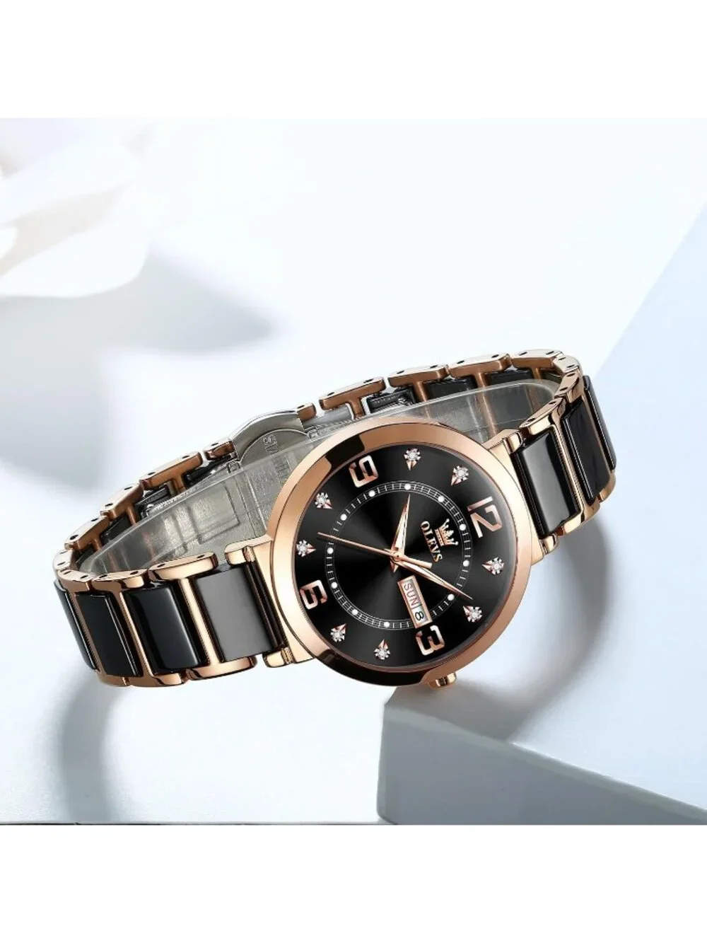 Women's Black-Leather Rose Gold Ceramic Two Tone Ladies  Watch Day Date Gift
